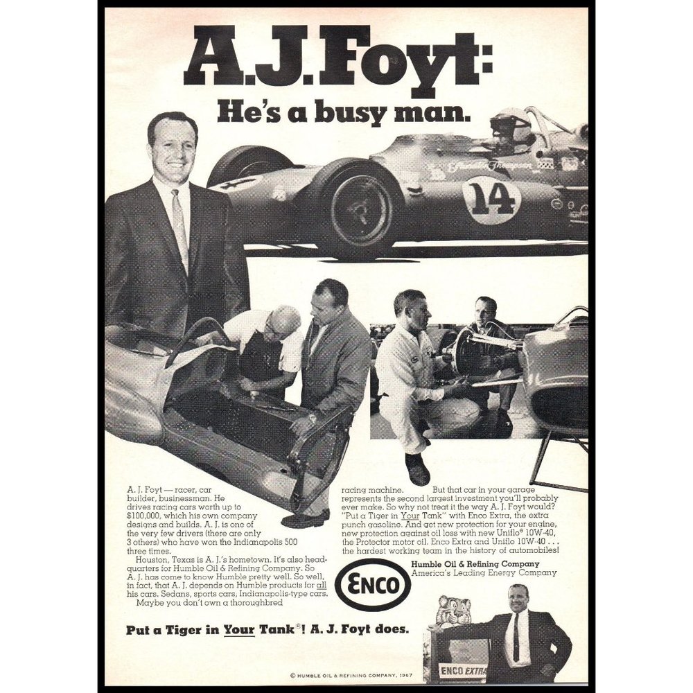 1967 Enco Humble Oil Company Vintage Print Ad AJ Foyt Busy Man R&D Wall Art